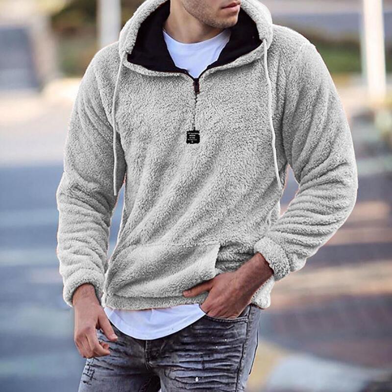 ผู้ชาย Hoodie Plush แขนยาว Pullover Hoodie ฤดูใบไม้ร่วงฤดูหนาวกระเป๋าด้านหน้า Sweatshirt Outerwear