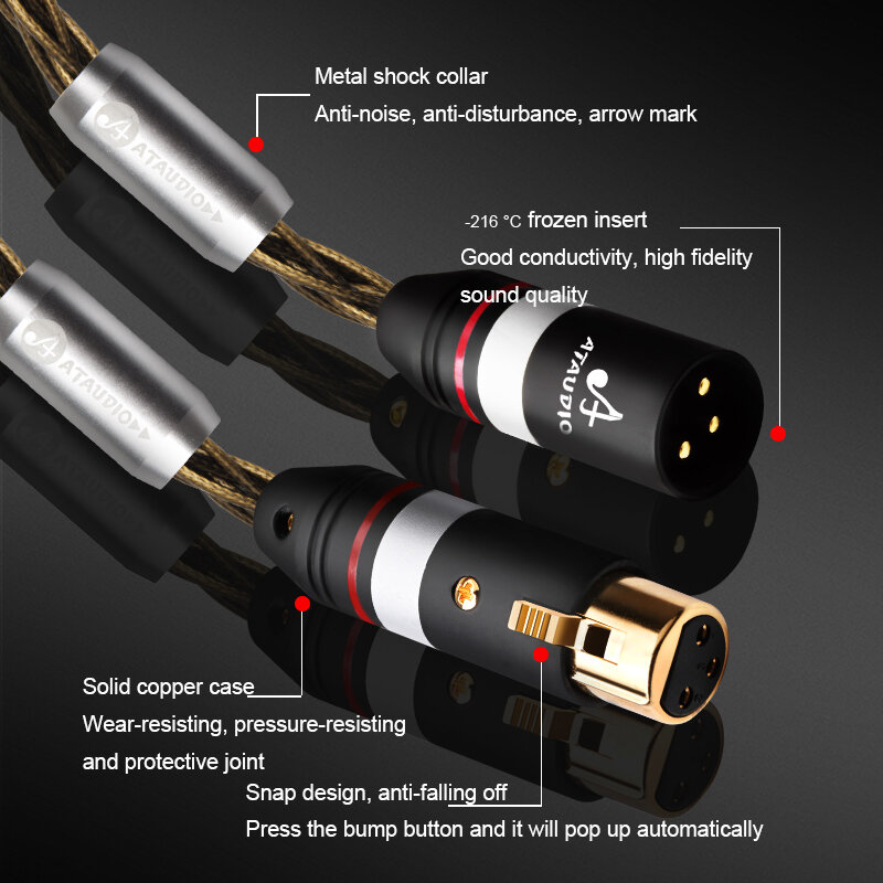ATAUDIO-Cable de Audio HiFi 2XLR, 8 hebras, OCC, plateado, 2XLR, macho a hembra, para amplificador de cámara y micrófono