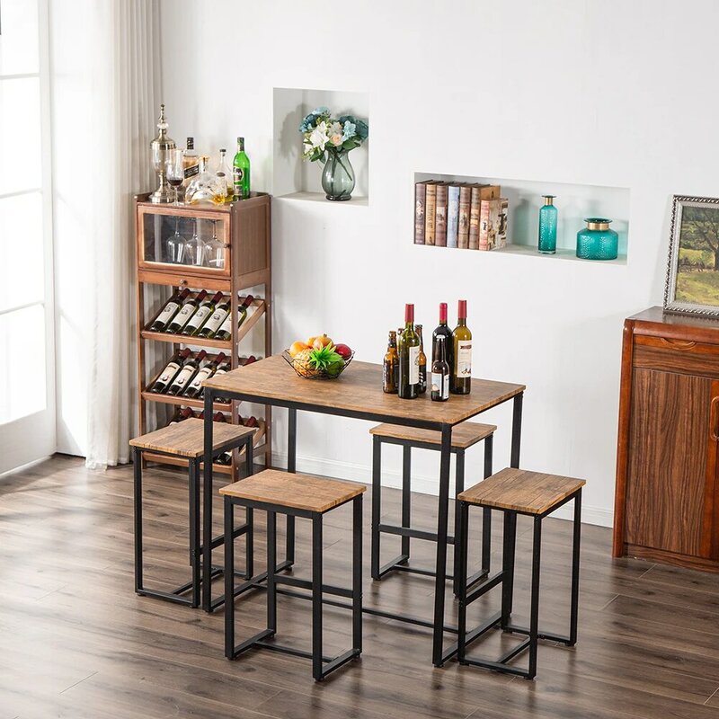 Conjunto de mesa de mesa de jantar conjunto simples padrão de eucalipto 87cm mesa de barra alta e cadeira conjunto de 5 [100x60x87cm]