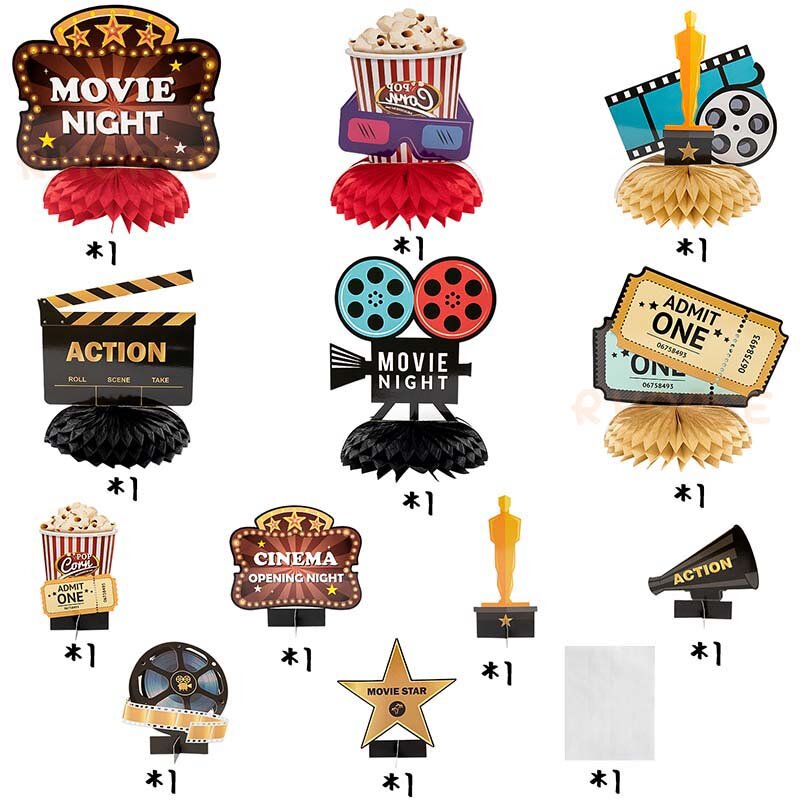 12Pcs Movie Night Honeycomb Balls Centerpieces Birthday Party Supplies Scene Note Boards Popcorn Table Topper Retro Bar Film