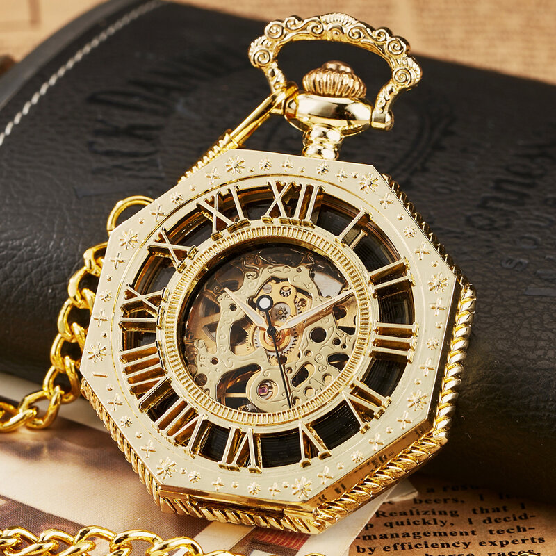 Reloj de bolsillo mecánico Hexagonal para hombres y mujeres, dorado, plateado, bronce, cadena Fob hueca con caja, relojes de dama, regalos Vintage