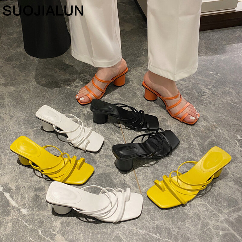 SUOJIALUN 2020 Sommer Frauen Med Ferse Slipper Fashion Schmale Band Sandale Platz Ferse Urlaub Strand Flip-Flops Slides Schuhe