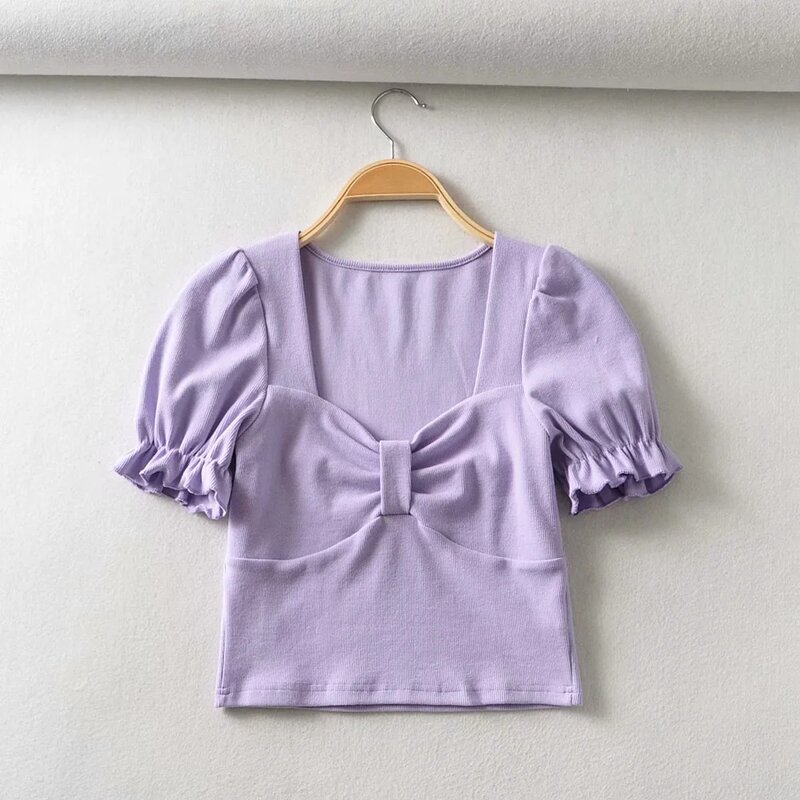 She'sModa – t-shirt Vintage tricoté à col carré pour femme, haut à manches courtes bouffantes, Style français