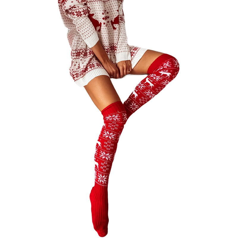 Calcetines altos hasta el muslo con estampado de copo de nieve para mujer, medias de punto por encima de la rodilla, medias cálidas femeninas, calcetería de otoño e invierno, navidad