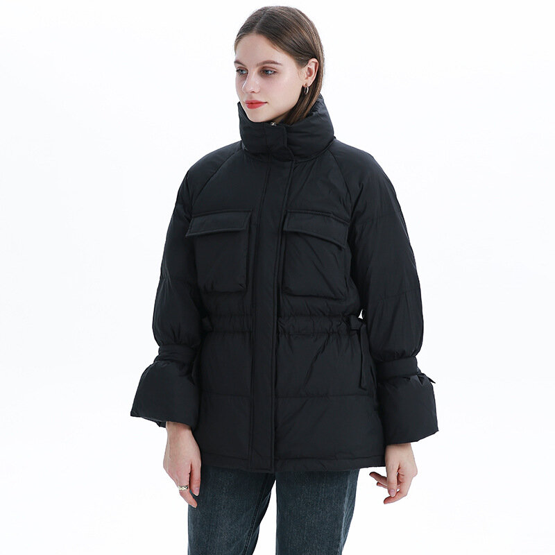 여성 다운 자켓 서 칼라 여성 스트랩 겨울 긴 느슨한 2021 뉴 스트리트 캐주얼 허리 90% 화이트 오리 자켓