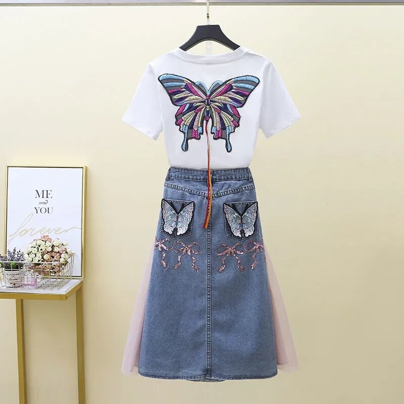 Fashion lady suit Summer clothes 2021summer new embroidery T-Shirt Skirt Suits Chic Temperament Denim Skirt Female Two-Piece Sui