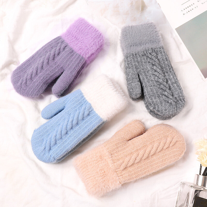 Women Winter Keep Warm Plus Velvet Double Layer Thicken Knitting Wool Gloves Cycling Drive Cute Lovely Fashion Mittens