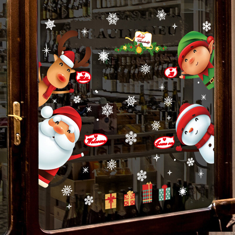Diy Kerst Decoratie Muurstickers Pvc Waterdichte Herbruikbare Multifunctionele Kerstman Sneeuwpop Elanden Glas/Deur/Raam stickers