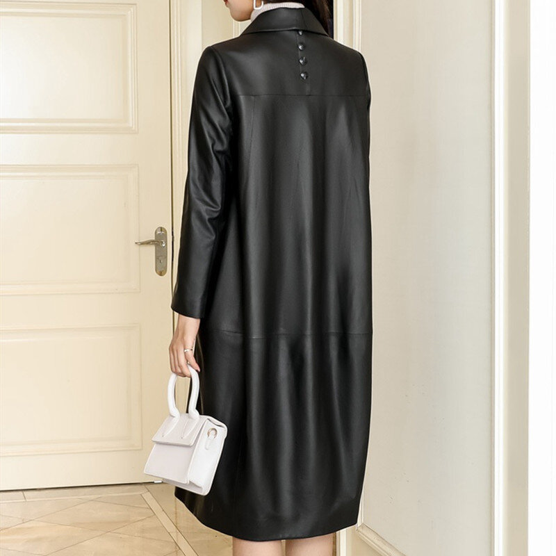 Jaqueta de couro preto para mulheres, casaco de pele de carneiro, longa trincheira de couro genuíno, tops de lazer primavera e outono, tamanho grande