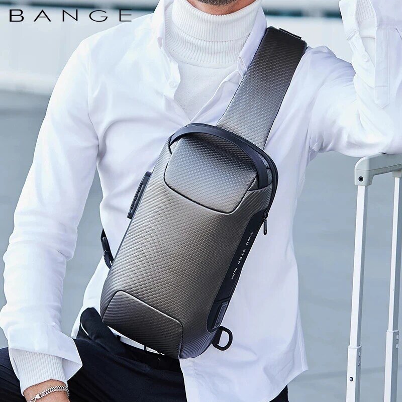 BANGE-Bolso cruzado con patrón de fibra de carbono para hombre, bolsa de hombro con USB, multifuncional, resistente al agua, mejorado