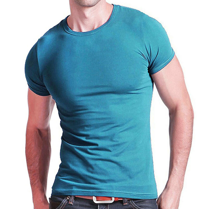 Camiseta de Lycra elástica con cuello en V para hombre, camisa de manga corta de Color sólido, ajustada, 2024