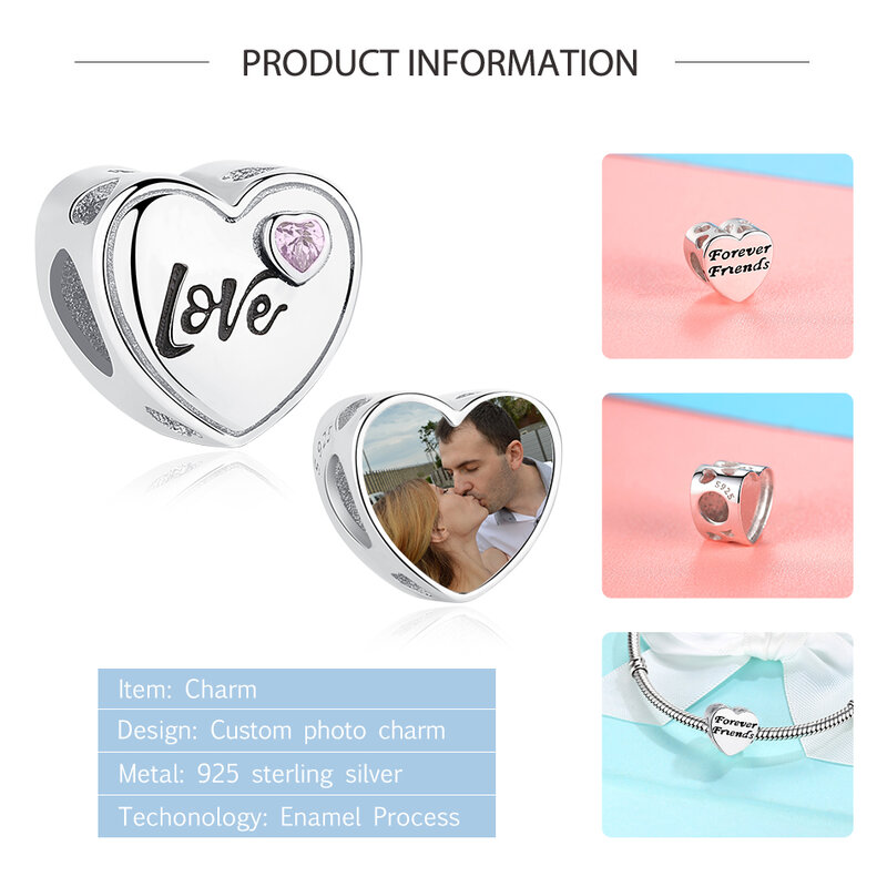 Romantic Custom Photo Heart Charms fit Original  Bracelet Necklace 925 Sterling Silver Beads DIY Jewelry Making