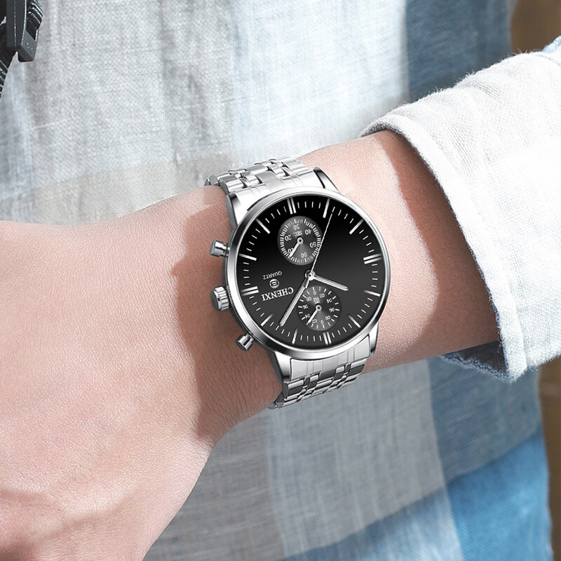 ساعات يد عصرية للرجال موديل 2021 من CHENXI ساعة عمل بسيطة غير رسمية ساعات يد من الفولاذ المقاوم للصدأ باللون الفضي ساعات معصم رجالية