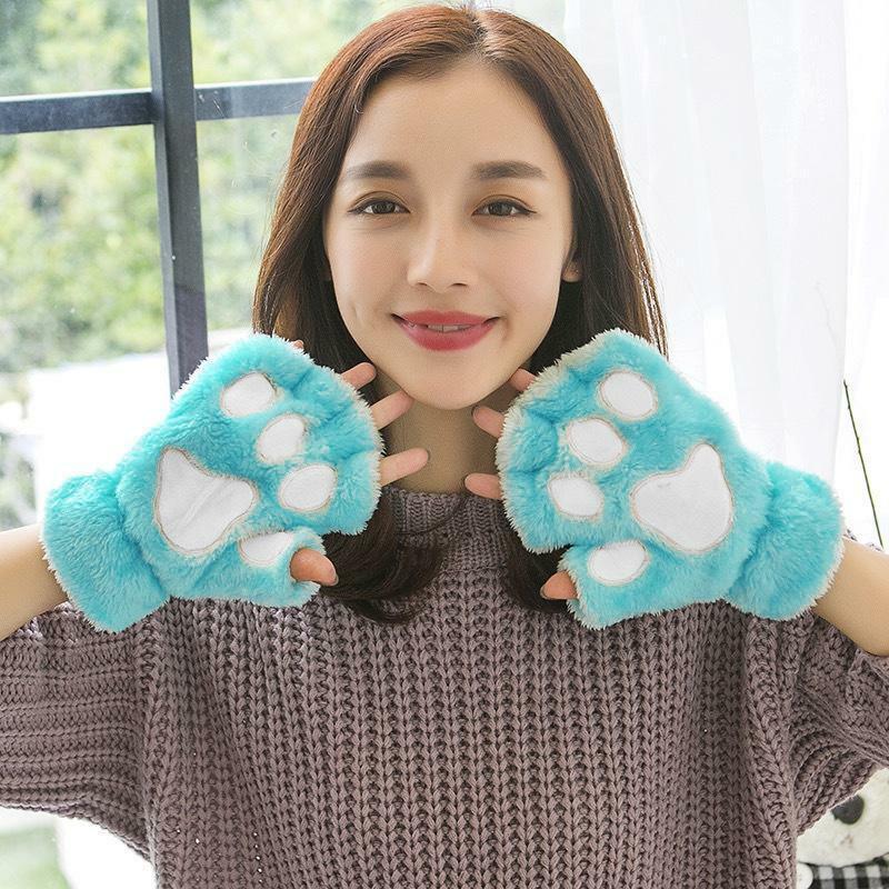 Cat's Paw Gloves Ladies Winter Korean Cute Girls Fingerless Thick Warm Bear's Paw Plush Half-Finger Fashion Gloves