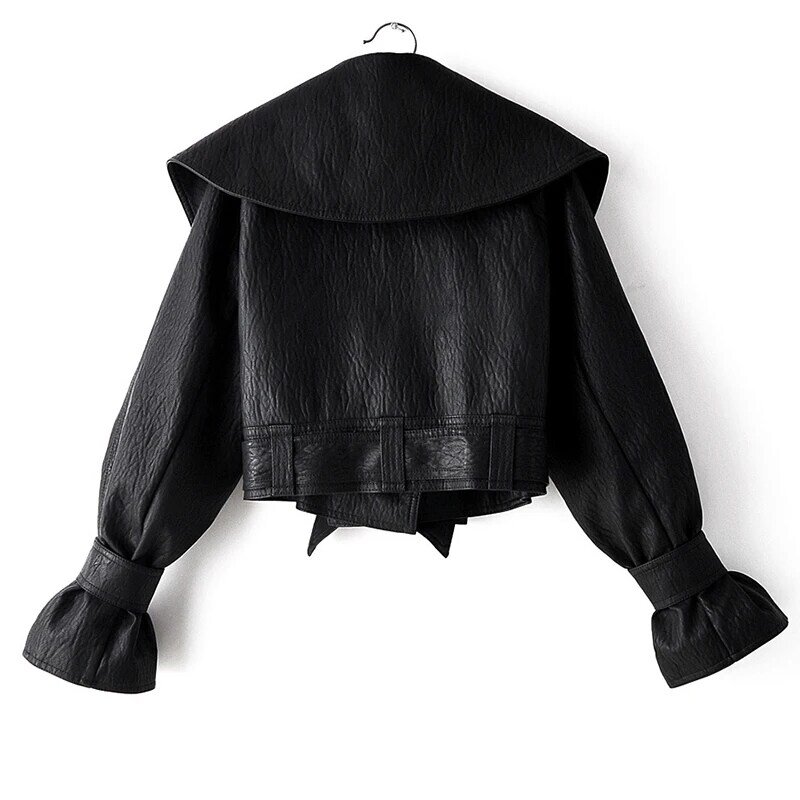 여성용 인조 소프트 가죽 짧은 재킷, 턴다운 칼라 코트, 보우 벨트, 루즈 바이커 코트, 블랙 레드 오토바이 아웃웨어, 가을