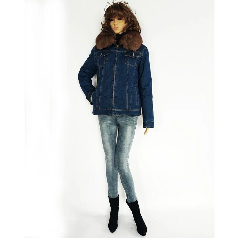 새로운 겨울 데님 재킷, 여우 모피 칼라 파이, 따뜻하게 유지 모피 라이너, 숙녀 재킷 두꺼운 긴 소매