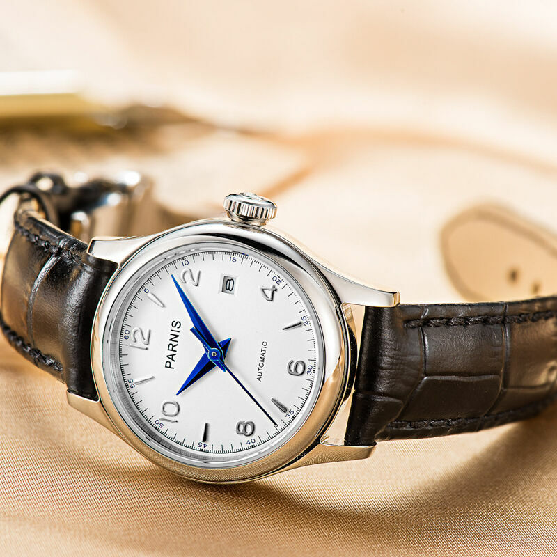 Parnis 26Mm Witte Wijzerplaat Mechanisch Horloge Vrouwen Saffier Glas Lederen Band Dames Kalender Horloge Voor Vrouwen Automatische Klok