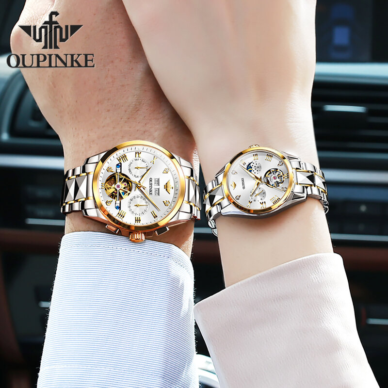 OUPINKE Original Tourbillon Couple Watches Pair for Men And Women Luxury Top Brand Automatic Mechanical Wristwatch Lover's Gifts