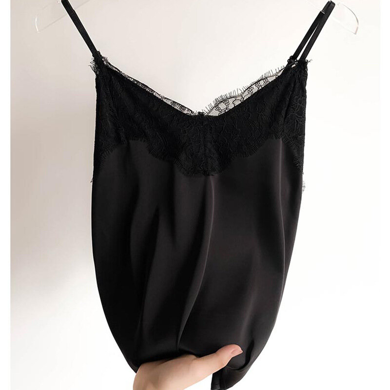 เซ็กซี่ Lace Camisole ผู้หญิงผ้าไหม V คอเสื้อฤดูร้อนใหม่ลำลองหญิง Slim ซาติน Basic Tops Plus ขนาด