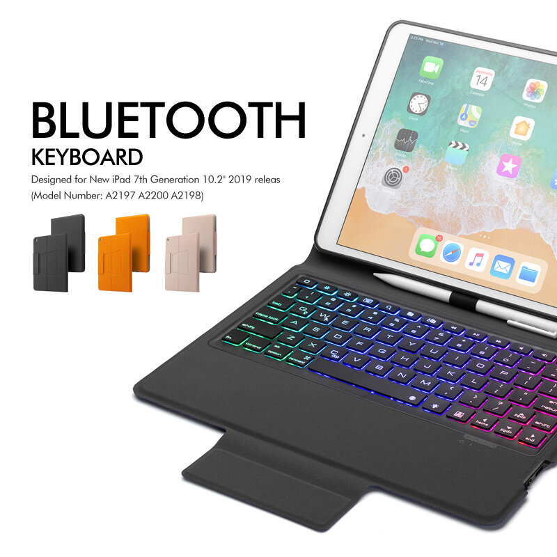 5.1 Bluetooth bezprzewodowa klawiatura etui dla iPada 10.2 "2019, Premium smukły skórzany futerał 7 kolorów podświetlenia, wszystko w jednym projekcie