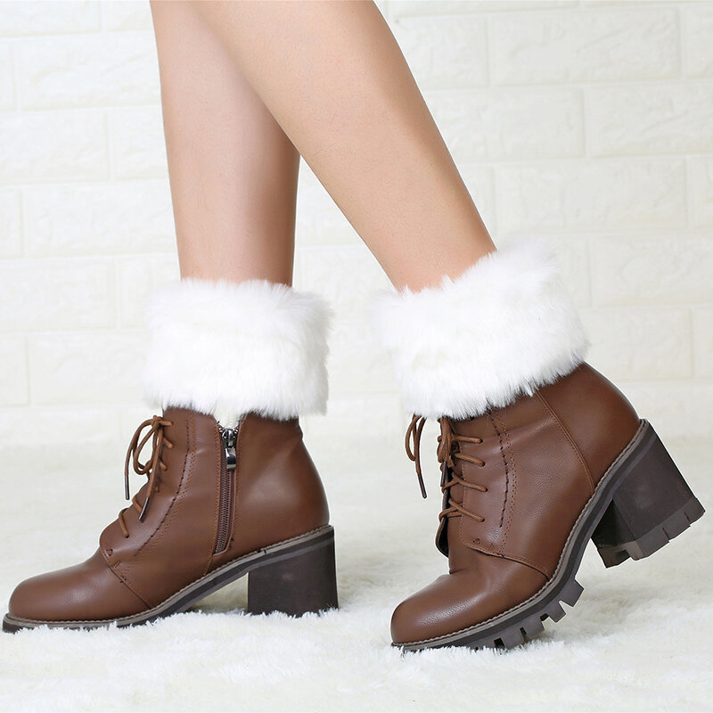 New Women Winter Solid Leg Warmers Lady Crochet Knit Faux Fur Trim Leg Boot Socks Toppers Cuffs 9 Colors