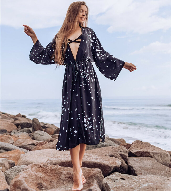 Robe de plage imprimée étoiles, cache maillot noir, décolleté en V profond, longue tunique, pour femmes, vêtements de plage, Kimono, pour l'été