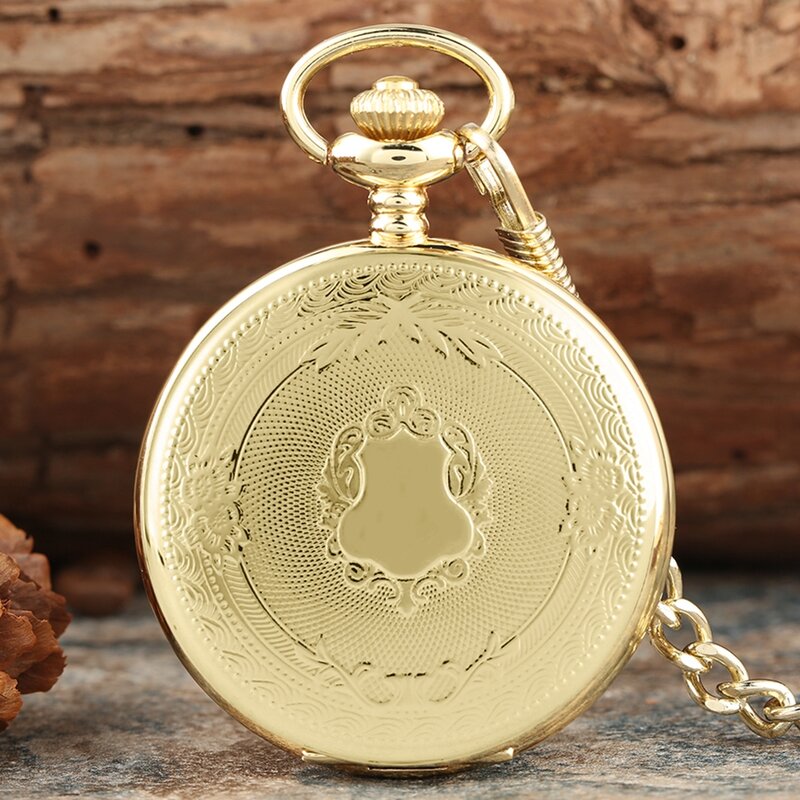 Creative Bronze/Silver/Gold Delicate Carved Pattern Shield Quartz Pocket Watch Analog Floral rattan Pocketwatch with Hook Chain