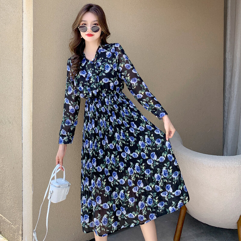 Hebe & eos novo outono elegante chiffon vestido 2021 vintage floral impressão boho vestido mulher mangas compridas vestidos midi plissados