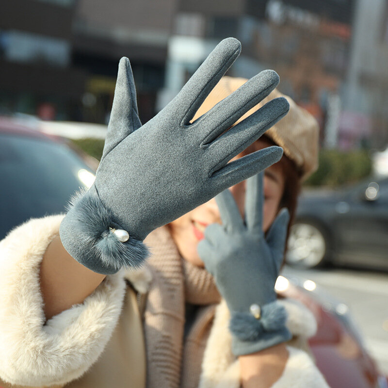 Winter Women Plus Velvet Thicken Keep Warm Touch Screen Pearl Hairball Elegant Gloves Cycling Drive Elasticity Mittens