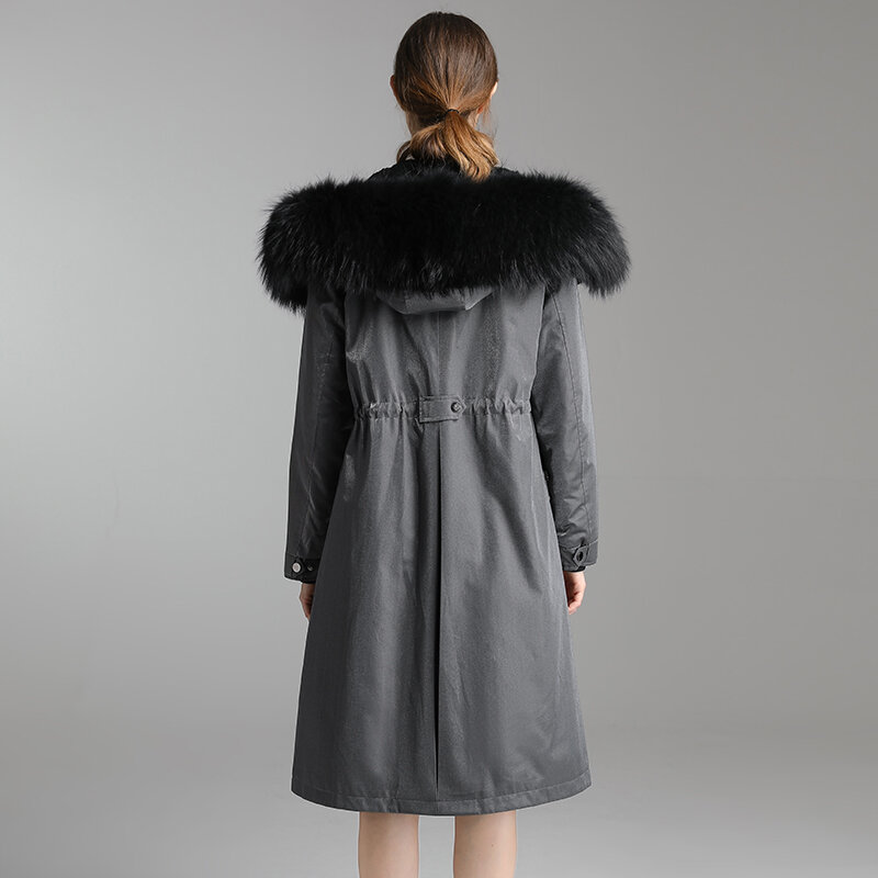 Pakaian Wanita Bulu Mantel Musim Dingin Wanita Alami Kerah Bulu Rakun Berkerudung Rex Mantel Bulu Kelinci Perempuan Parka Wanita Panjang 2021