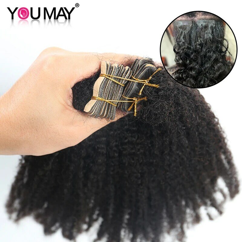 Afro Kinky Curly PU Tape In Extensions Human Hair Peruvian Virgin Hair For Black Women 4B 4C Seamless Bundles Weave YouMay
