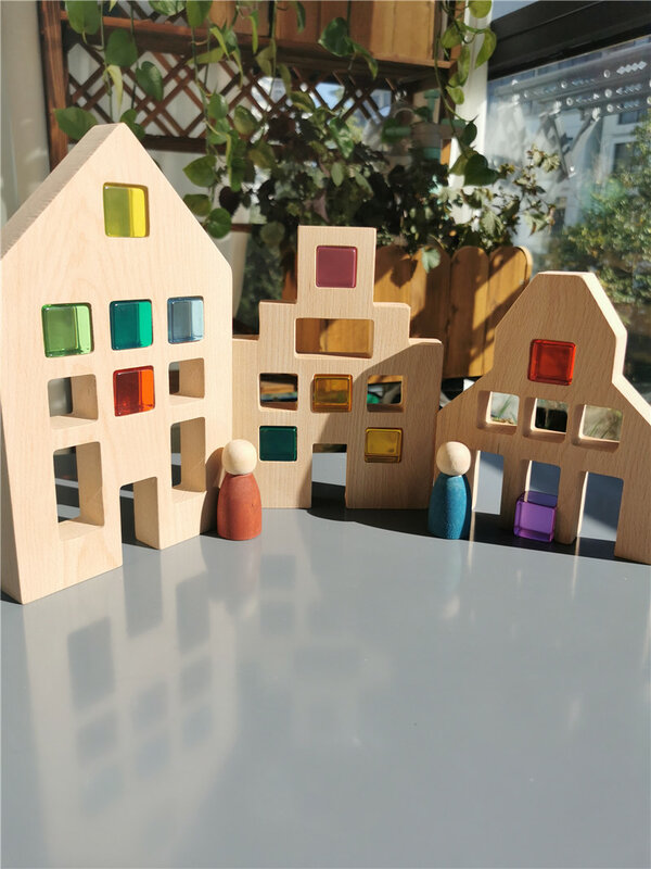 Kids Montessori Wooden Toys Large Dutch Wood House Big Wall Lucite Cube Creative Education Blocks Birthday Gift