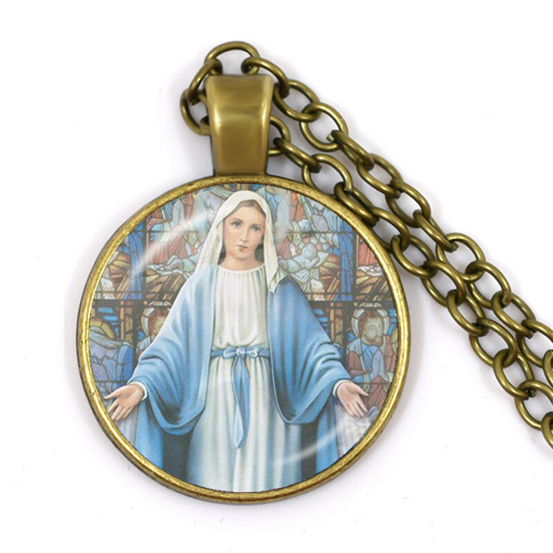 Perawan Maria dan Bayi Yesus Kristen Katolik Kalung Perhiasan Diberkati Ibu Seni Agama Kaca Cabochon Kubah Liontin Hadiah
