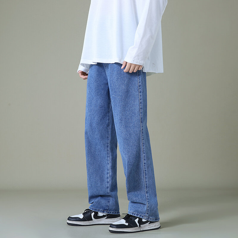 Новые осенние мужские джинсовые брюки с широкими штанинами в Корейском стиле, прямые женские голубые мешковатые джинсы, Студенческие Брюки с эластичным поясом для мужчин, черные, серые