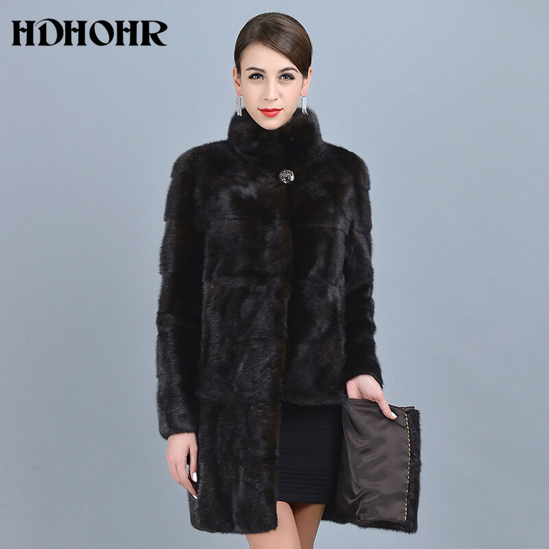 Hdhohhr-女性用ナチュラルミンクファーコート、スタンドカラー、本物の毛皮のジャケット、茶色のアウター、女性用暖かい冬服、高品質、2022