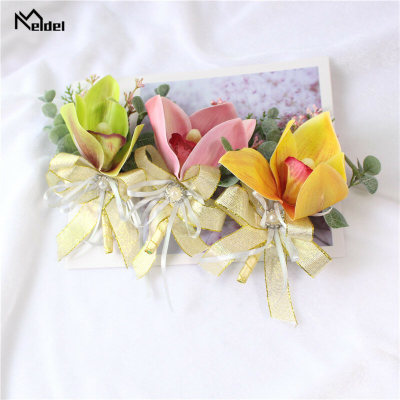 Meldel Wanita Bros Putih Orchid Bunga Sutra Pernikahan Korsase Gelang Bridesmaid Bunga Manset Gelang Pernikahan untuk Tamu Bunga