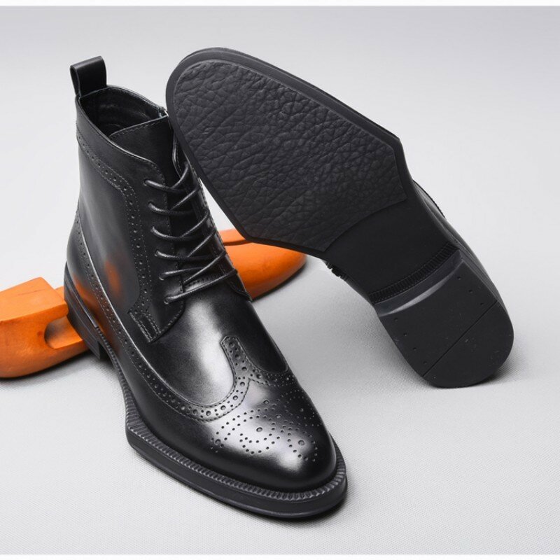 Brogue – chaussures de sécurité à bout d'aile en cuir véritable pour homme, bottines formelles d'hiver à talons hauts pour le travail, les fêtes et les affaires