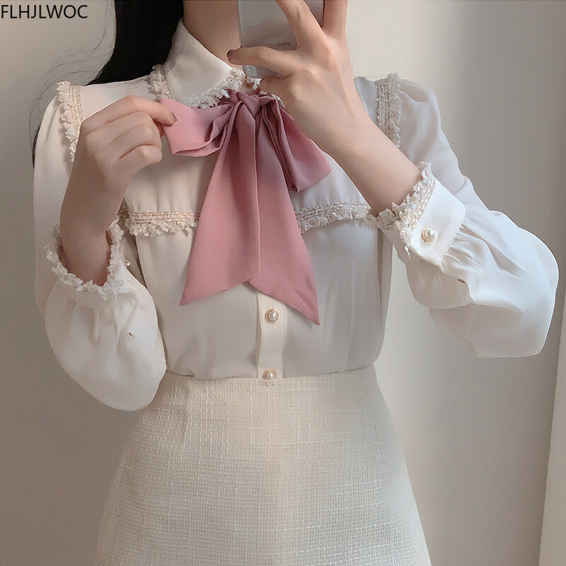 귀여운 나비 넥타이 한국 디자인 버튼 우아한 정장 화이트 셔츠 블라우스 여성용, 프레피 스타일 빈티지 일본 스타일 2020 가을