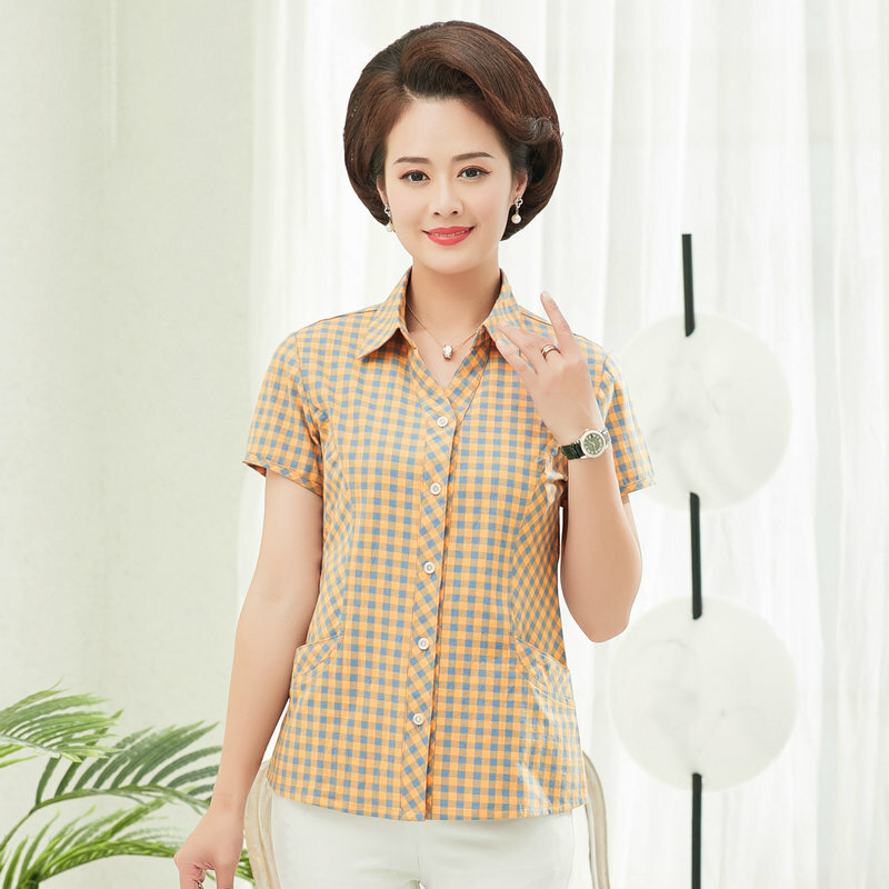Spring Summer Women Short Sleeve Cotton Shirts Red Beige Blue Small Plaid Pattern Comfort Top Turn Down Collar Checked Clothes