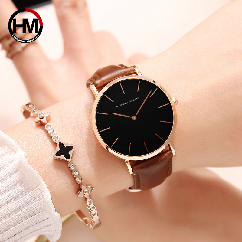 Hannah Martin-Relógio de pulso de couro impermeável feminino, relógio esportivo casual, relógios femininos, pulseira de quartzo, preto