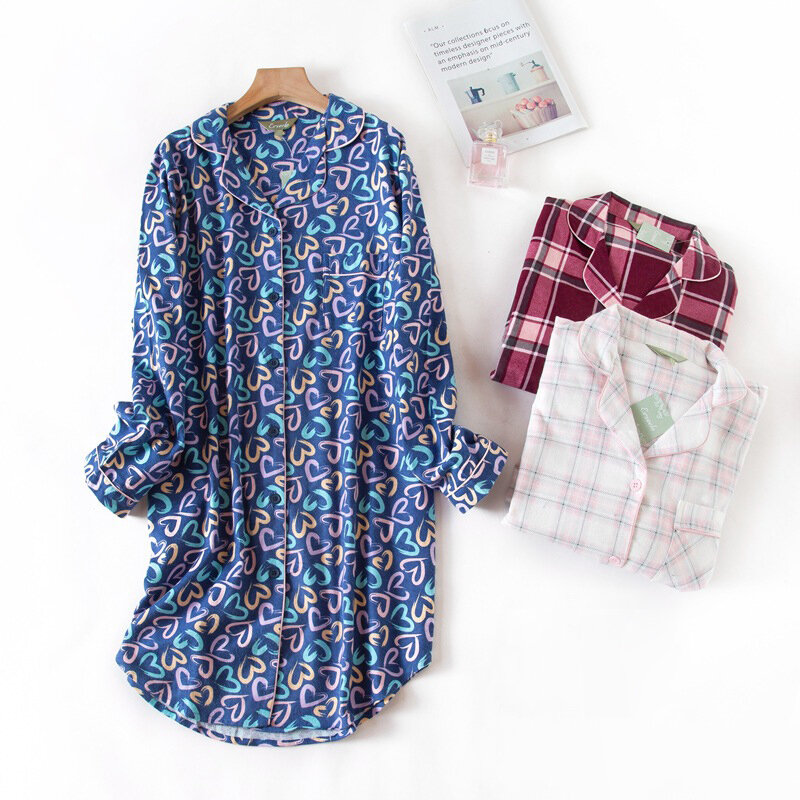 Winter 100% Brushed cotton nightshirts women nightgowns sleepwear casual plaid Plus size sleepdress night dress nightwear