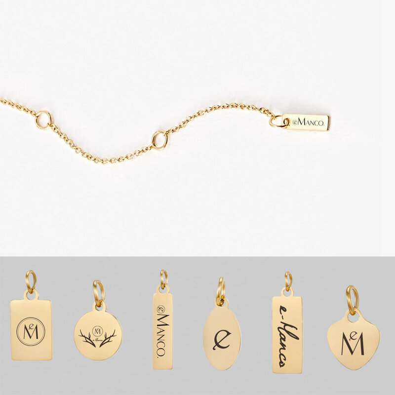 E-manco бирки с логотипом на заказ шармы из нержавеющей стали для ожерелья браслеты 6 размеров на выбор