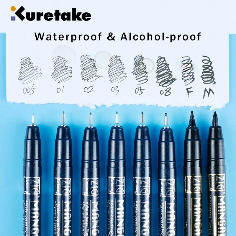 Kuretake caneta agulha de arte à prova d'água, canetas anime arquitetural linha traço
