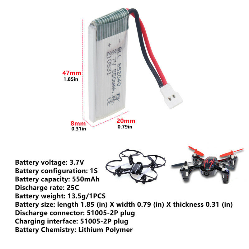 Batería li-po de 3,7 V y 550mah, cargador para Dron teledirigido JXD523, 523W, H43HW, X5C, X5SW, H107C, H107D, H107L, TR-C385, TR-P51, HS170C, F180W