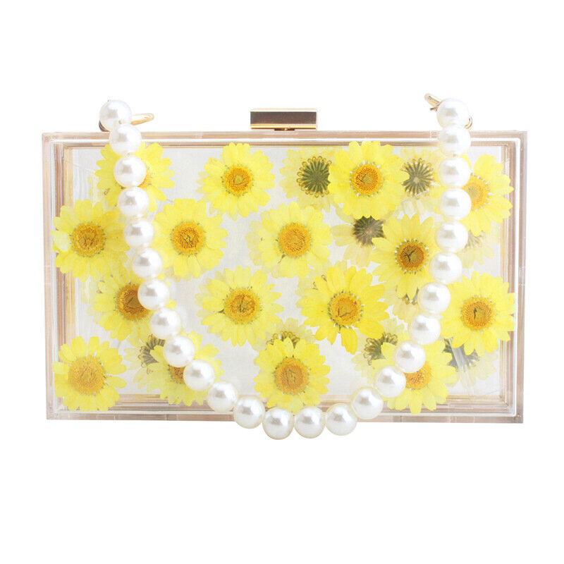 Bolso con solapa de flores acrílicas transparentes para mujer, bolsa de hombro de 18x11CM para banquete, bolsos de mensajero a6136, novedad de verano 2020