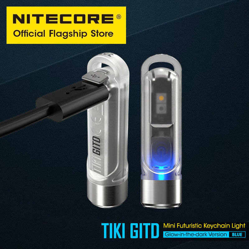 NITECORE-minillavero TIKI GITD azul, luz UV, señal de advertencia intermitente EDC, linterna recargable por USB con batería de 130mAh