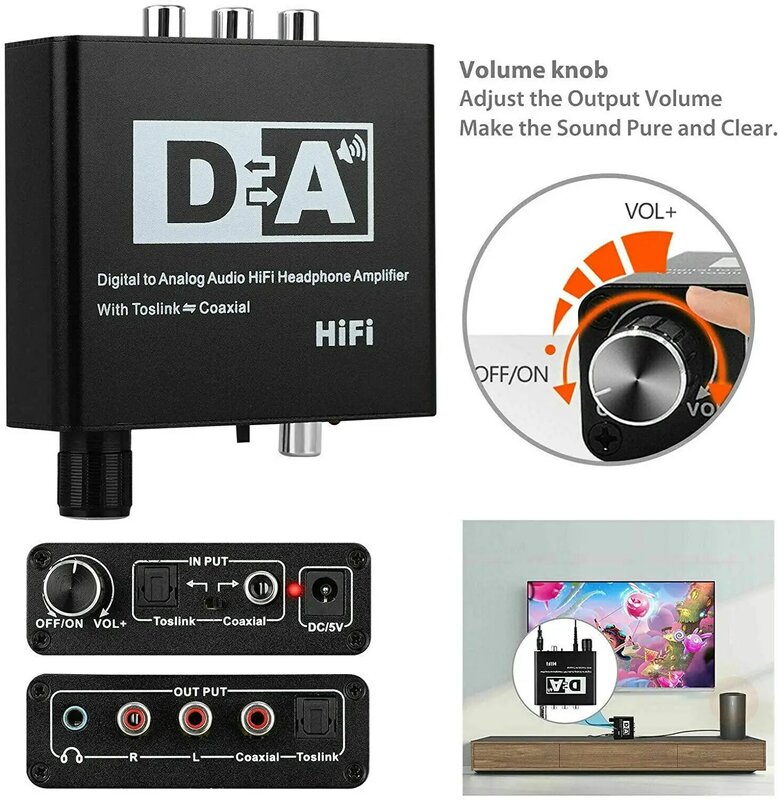 Convertidor Digital a analógico DAC de 192kHz con Control de volumen, estéreo Coaxial Digital L/R RCA 3,5mm, adaptador de Audio con Toslink óptico