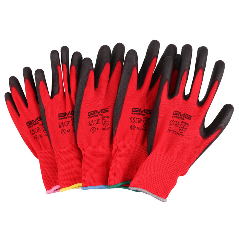 Vendita calda 6 paia GMG certificato CE EN388 poliestere rosso nero PU guanti di sicurezza da lavoro meccanico guanti da lavoro