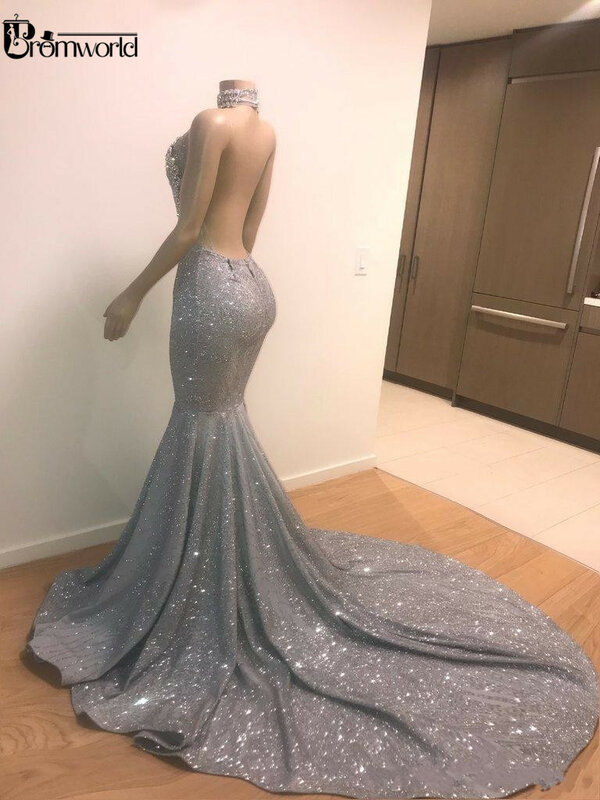 Gaun Prom Putri Duyung Perak Bling Gaun Malam Tembus Pandang Tanpa Punggung Seksi Kristal Manik-manik Leher Permata Panjang 2023 Pakaian Pesta
