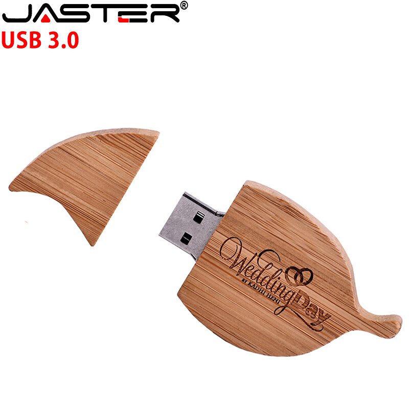 JASTER USB 3.0 Logo kustom daun kayu + kotak, Flash Drive memori stik 4GB 8GB 16GB 32GB 64GB 128GB hadiah